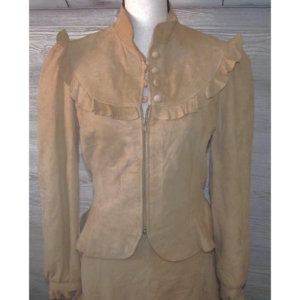 Vtg 70's PIONEER WEAR fit 8 Tan Suede Leather Ruffle Jacket & Skirt Western Boho - Picture 4 of 16